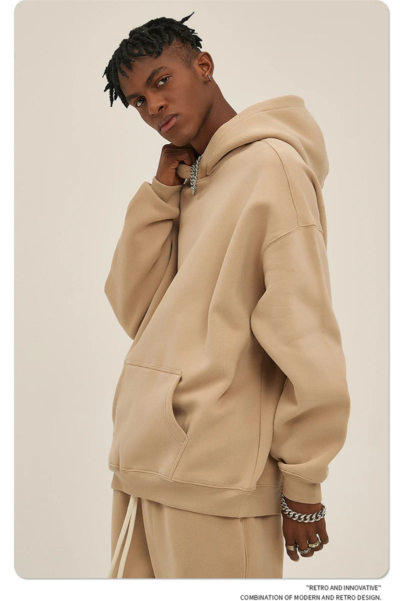 Thick 350gsm Fleece Hooded Hoodies For Men Unisex Winter Oversized Loose Basic Solid Sweatshirts Pullovers Coats HY0631