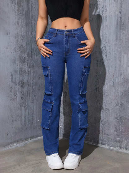 Women's work pants straight leg jeans with multiple pockets, super elastic straight leg casual retro high waisted comfortable st