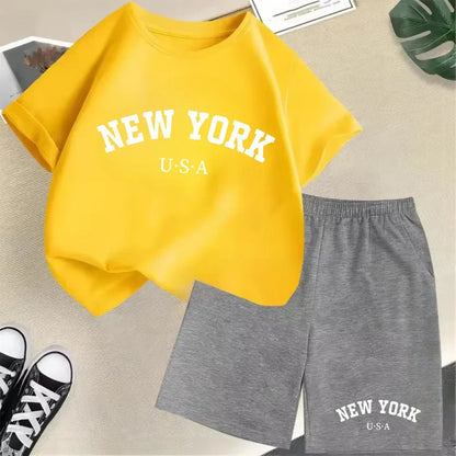 Summer Short Sleeve New York USA Letter Graphic Kid Tshirt +shorts 2pcs Set Baby Boy Girl Clothes Sport Cotton Children Outfit