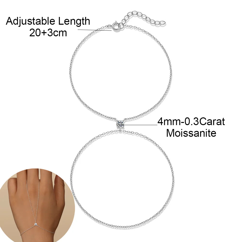 4mm Moissanite Ring Bracelet for Women S925 Sterling Silver D Color Lab Diamond Solitaire Finger Chain Fine Jewelry Gifts