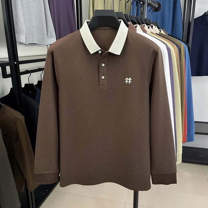 Fashion luxury brand long sleeve polo shirt men's autumn new trend badge embossed design Korean casual silk cotton lapel T-shirt