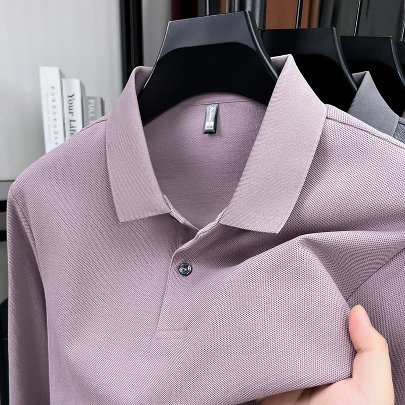 100%pure cotton autumn winter men's high-end designer fashionable long sleeved boutique button casual comfortable polo shirt top