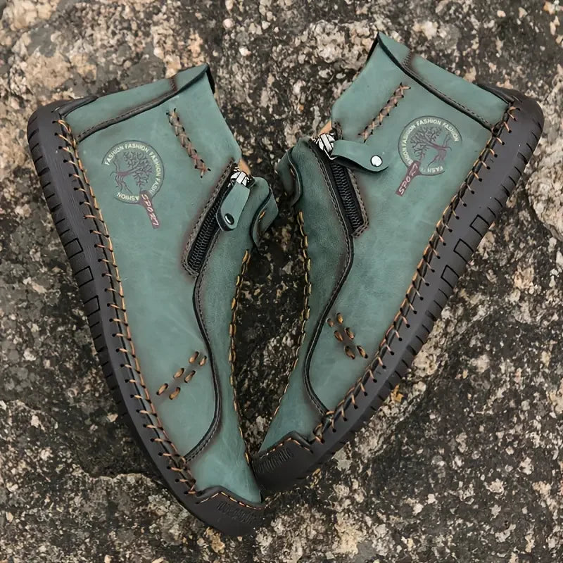 Sapatos Masculinos Clássicos de Couro Feitos à Mão, Design com Zíper, Tênis Esportivos para o Ar Livre, Sapatos Casuais Respiráveis com Elástico, Botas Masculinas de Couro no Tornozelo