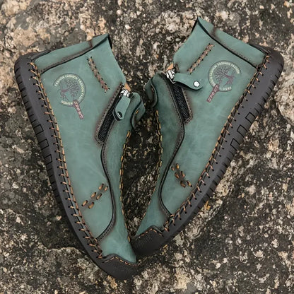 Sapatos Masculinos Clássicos de Couro Feitos à Mão, Design com Zíper, Tênis Esportivos para o Ar Livre, Sapatos Casuais Respiráveis com Elástico, Botas Masculinas de Couro no Tornozelo
