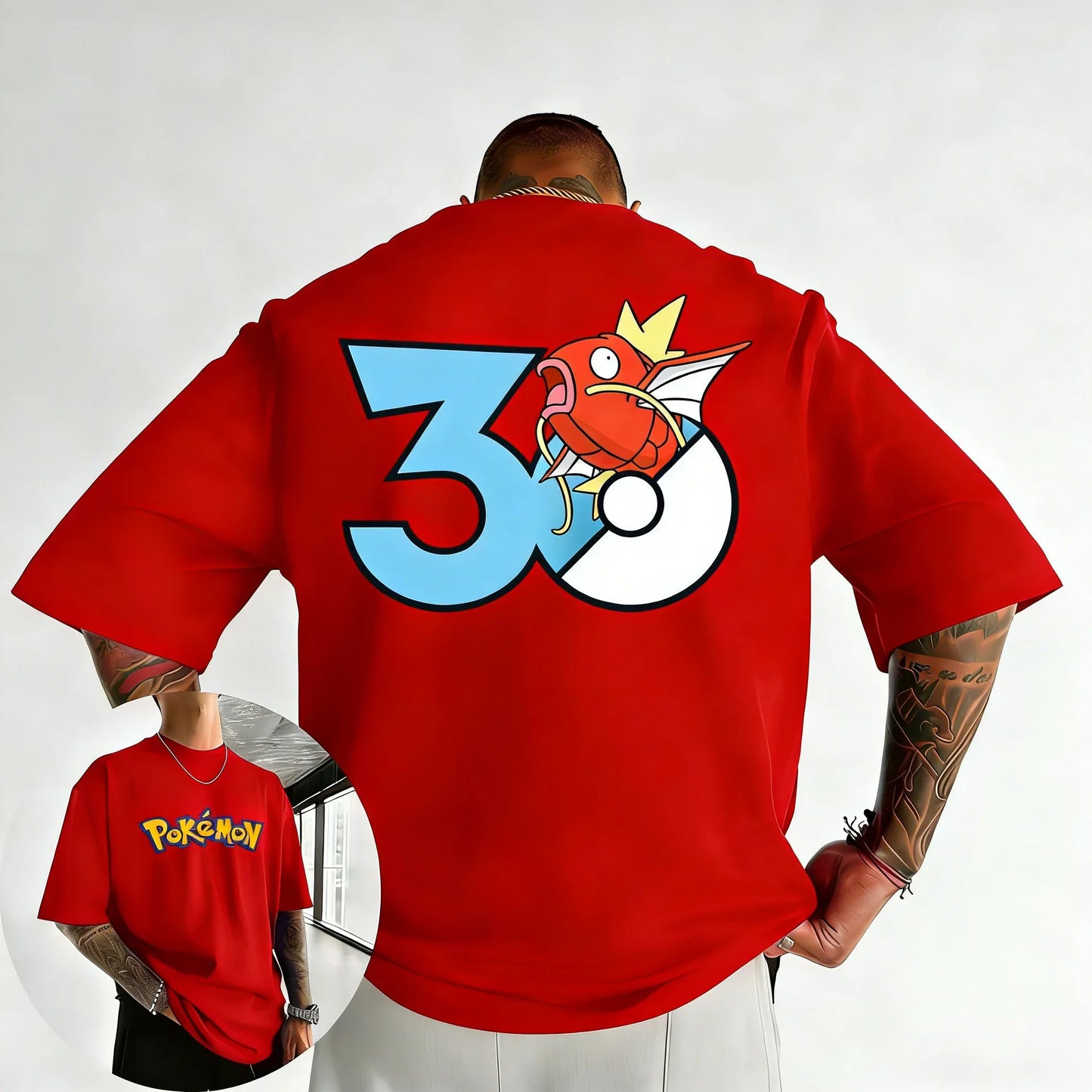 30th Anniversary Magikarp Printed T-shirt Summer Men's and Women's Trendy Large Loose Casual Y2K Short Sleeve Top