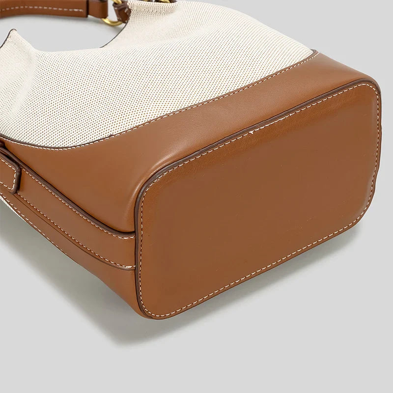 Fashion Panelled Canvas Bucket Bag Designer Women Handbags Luxury Pu Leather Shoulder Crossbody Bags with Wide Strap Tote Purses