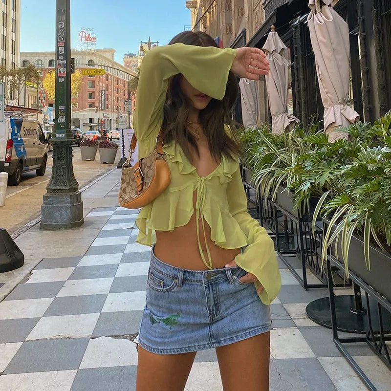 2025 Women Fungus Lace Solid See Through Silk Flare Sleeve V Neck Crop Tank Fashion Casual Sweet Girl Top