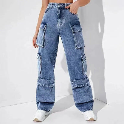 Jeans Women Straight Cargo Pants Denim High Waist Vintage Pockets Button Basics Ankle Length Trousers 2024 Autumn Streetwear
