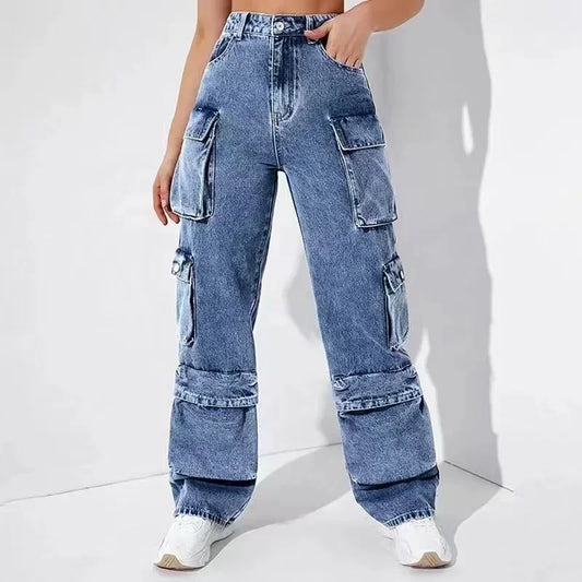 Jeans Women Straight Cargo Pants Denim High Waist Vintage Pockets Button Basics Ankle Length Trousers 2024 Autumn Streetwear