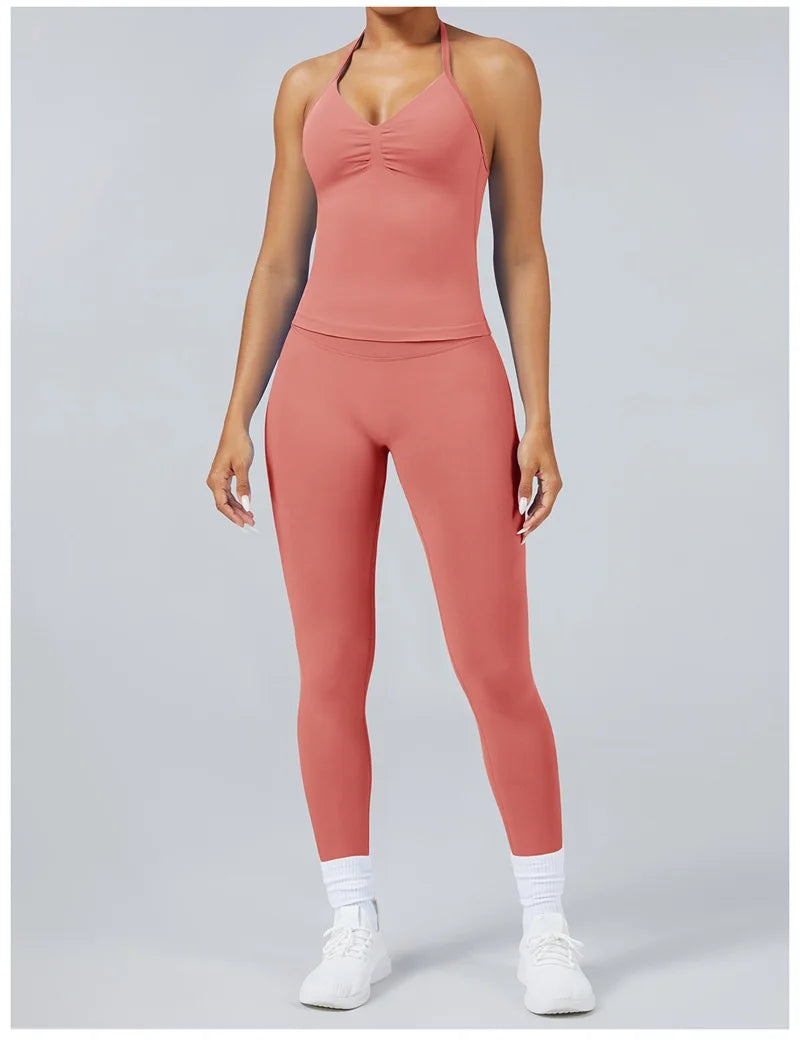 2Piece Sports Gym Set Women Longline Strappy Top Fitness Clothes Seamless Yoga Set Running Workout Sports Leggings Sets