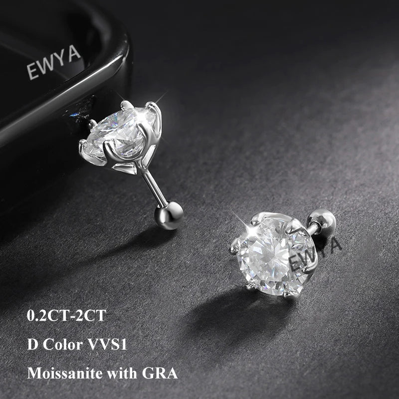 0.2/0.5/2ct D Color Moissanite Screw Stud Earrings for Women Men Silver 925 Plated 18K Pass Diamond Test 6 Prong Earring