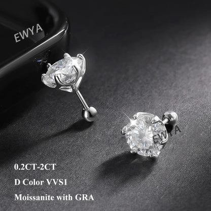0.2/0.5/2ct D Color Moissanite Screw Stud Earrings for Women Men Silver 925 Plated 18K Pass Diamond Test 6 Prong Earring