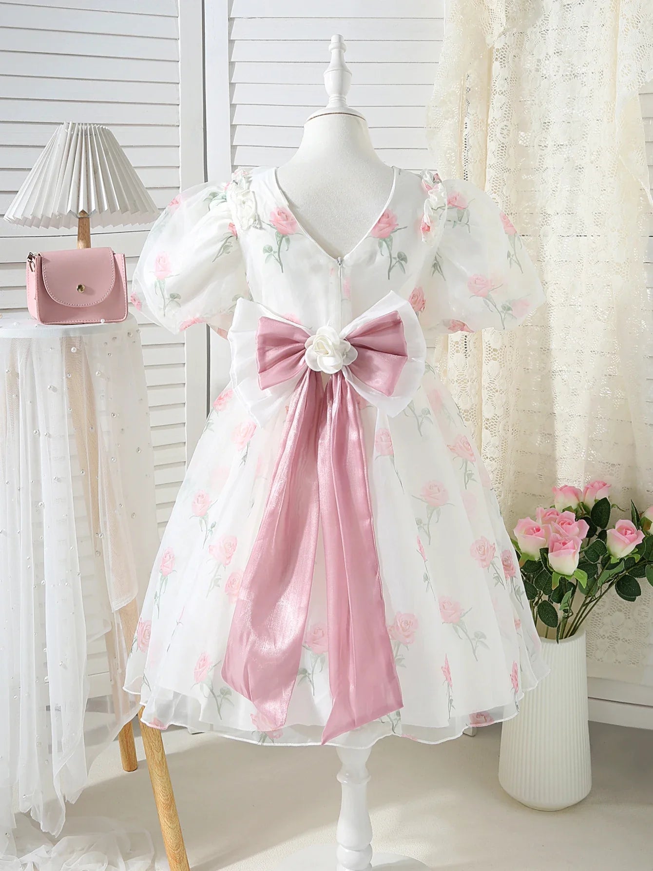Summer New Girls' Floral Bubble Sleeves Stylish Back Bow Princess Dress Dress