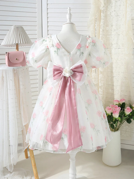 Summer New Girls' Floral Bubble Sleeves Stylish Back Bow Princess Dress Dress