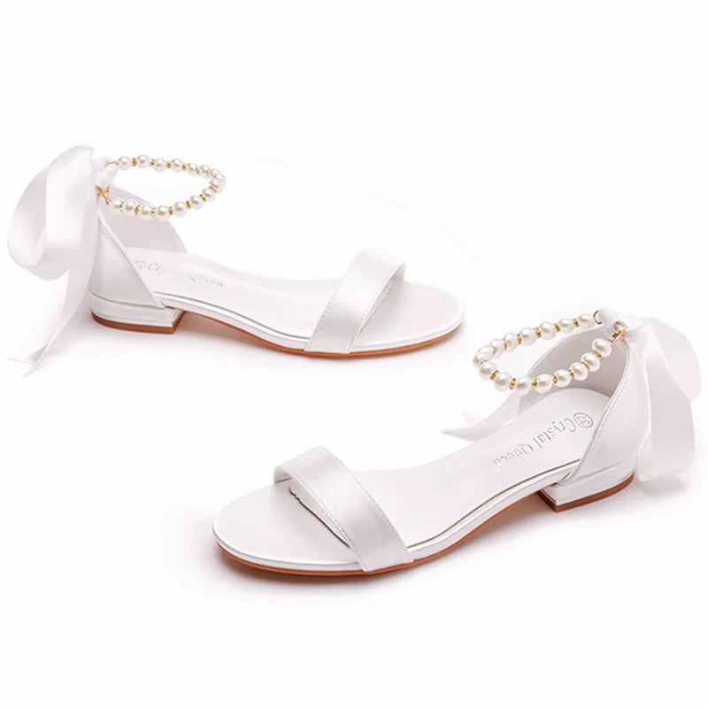 Summer new 2-cm square-heeled silk ribbon pearl rhinestone low-heeled wedding shoes beaded lace-up flat large-size women sandals
