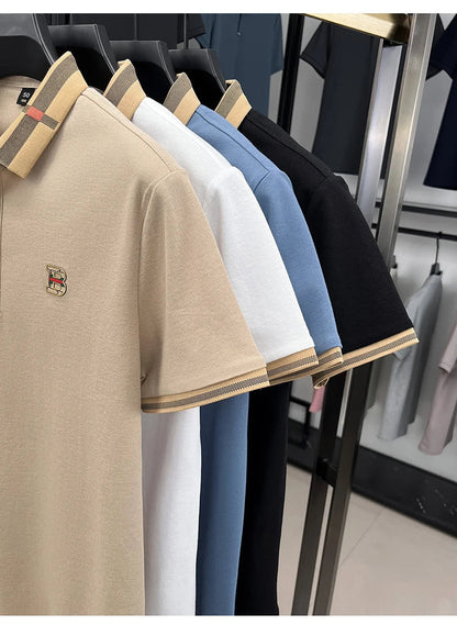 Summer men's light luxury brand letter printed short sleeved T-shirt Polo shirt breathable striped collar business casual top