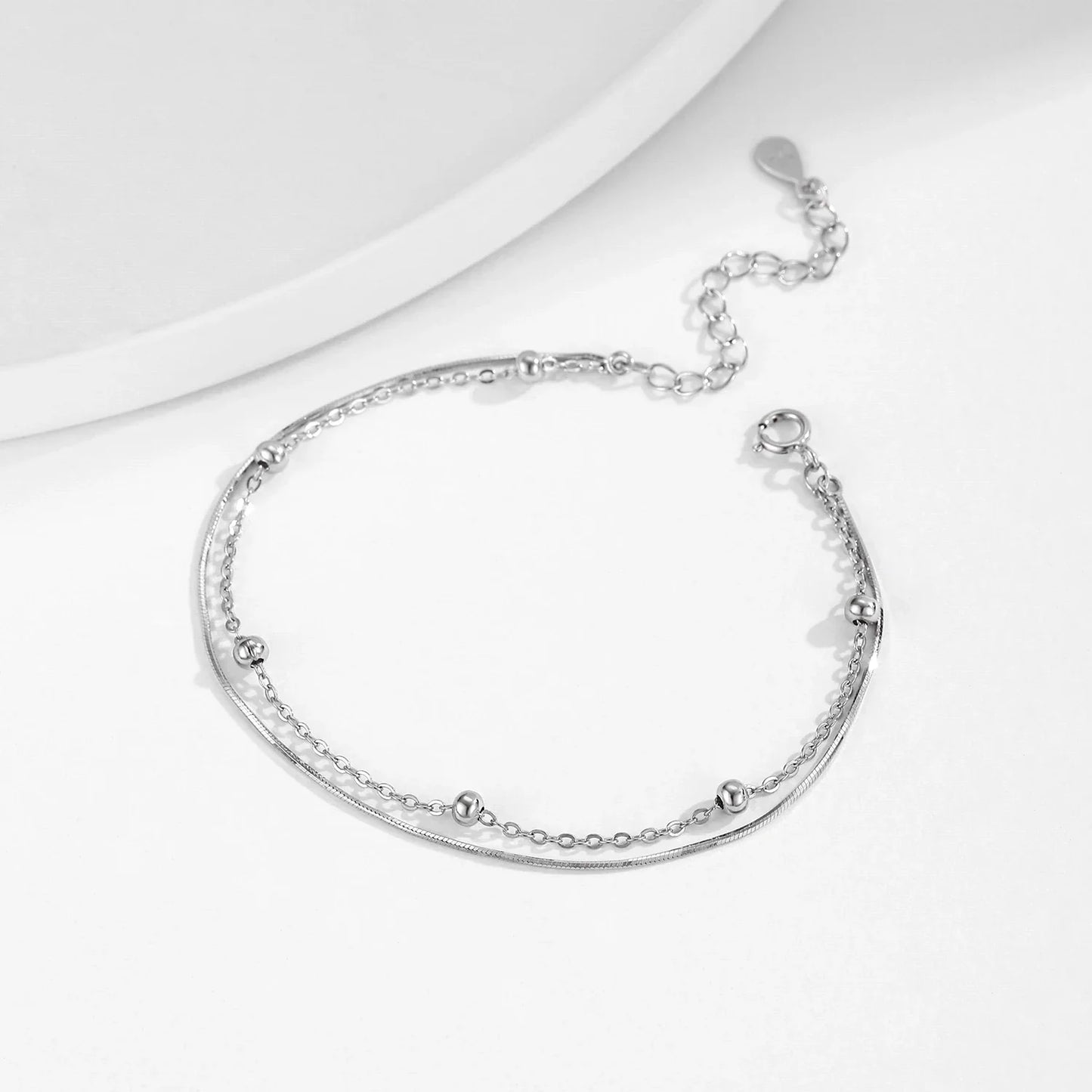 Double Layer Snake Chain Bracelet 925 Sterling Silver Simple Beads Link Chain Bracelet For Women Daily OL Fine Jewelry