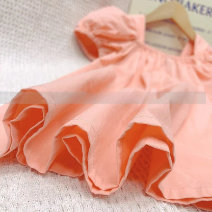 Summer Doll Skirt Girl Baby Bow Bubble Sleeve Princess Dress Floral Square Neck Dress