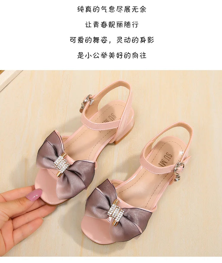 Girls Princess Sandals Summer Kids Low Heels Fashion Party Dress Beach Shoes Outdoor Causal Sandals Children Soft Sole with Bow