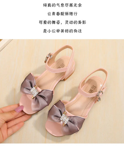 Girls Princess Sandals Summer Kids Low Heels Fashion Party Dress Beach Shoes Outdoor Causal Sandals Children Soft Sole with Bow