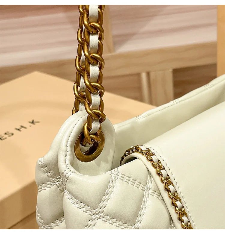Brand genuine leather chain bag for women in 2025, new designer with a sense of luxury, large capacity underarm shoulder bag
