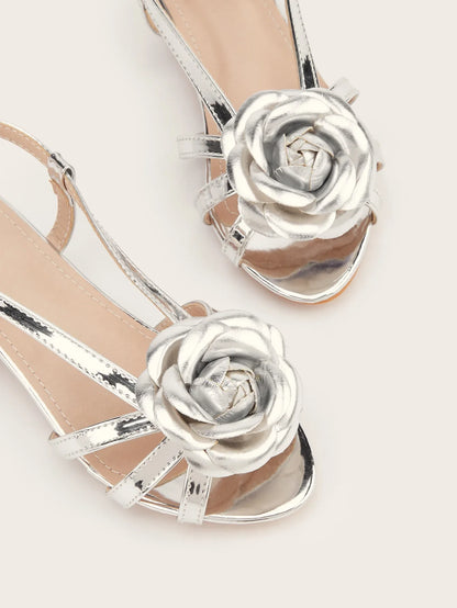 2025 Summer New Children's High Heels Fashion Flower Girls' Princess Sandals Silver Kid's Performance Dance Shoes 5-10 Years Old