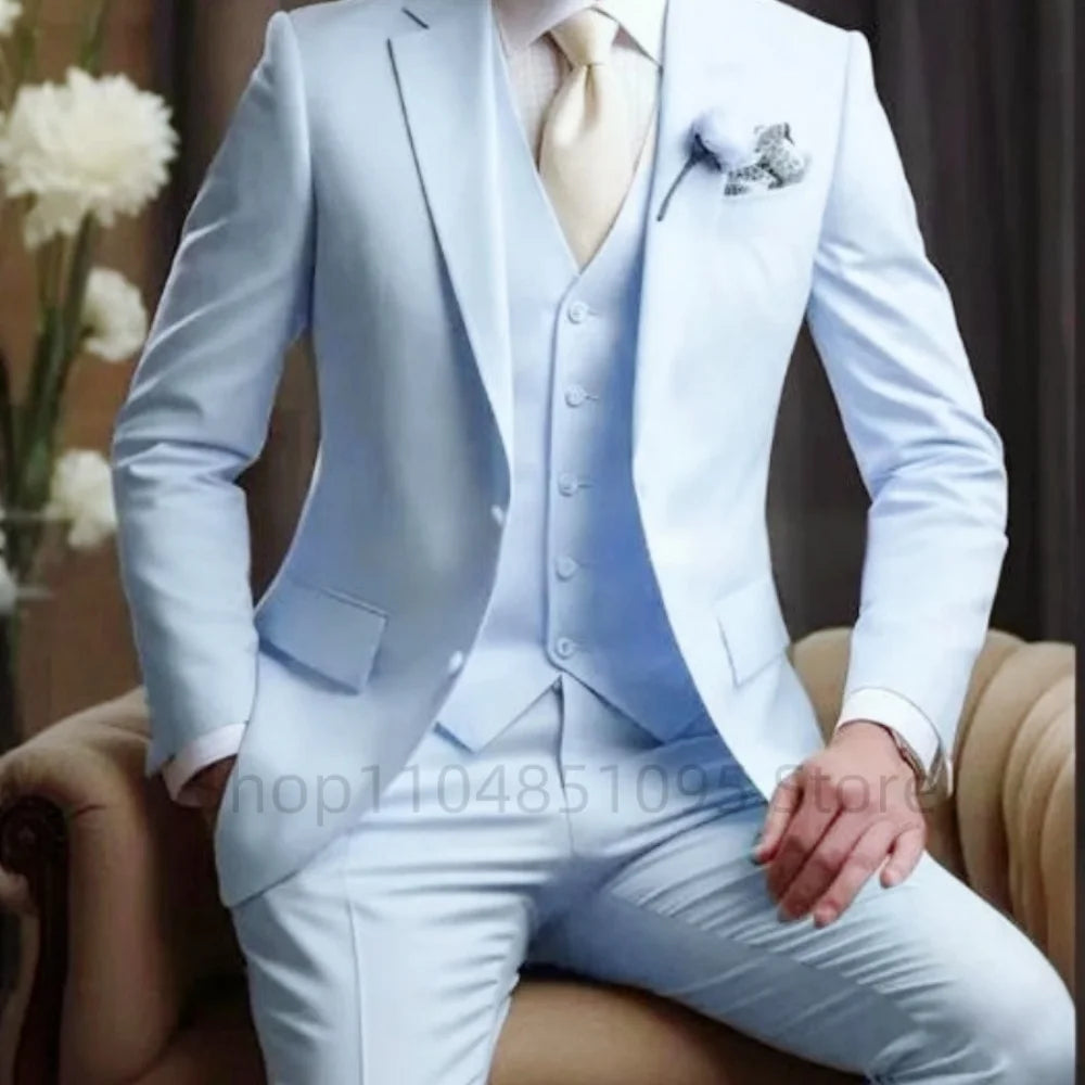 Wedding Light Pink Men's Suit 3 Pieces Formal Business Notch Lapel Blazer Tuxedos Slim Fit Groomsmen Suit Set(Jacket+Vest+Pant)