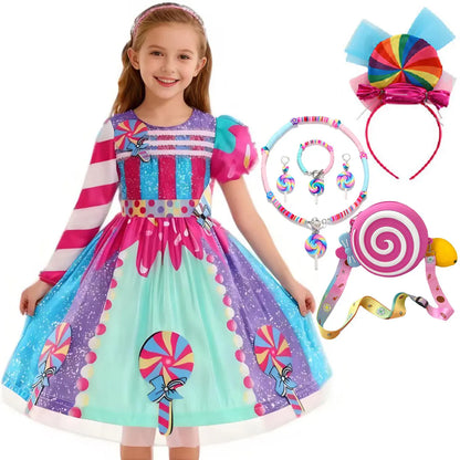 Presente Clássico para Festa de Carnaval de Purim para Meninas Vestido Arco-Íris Assimétrico Longo e Curto com Manga Doce Conjunto de Vestidos Fofos para Férias de Natal