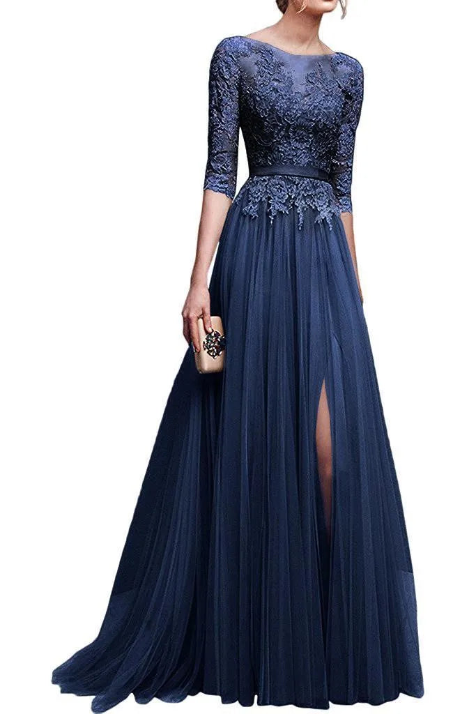 Scoop Neckline Zipper Up Tulle Long Floor-length Dresses Lace Applique Half Sleeve High Split Wedding Evening Party Prom Gowns