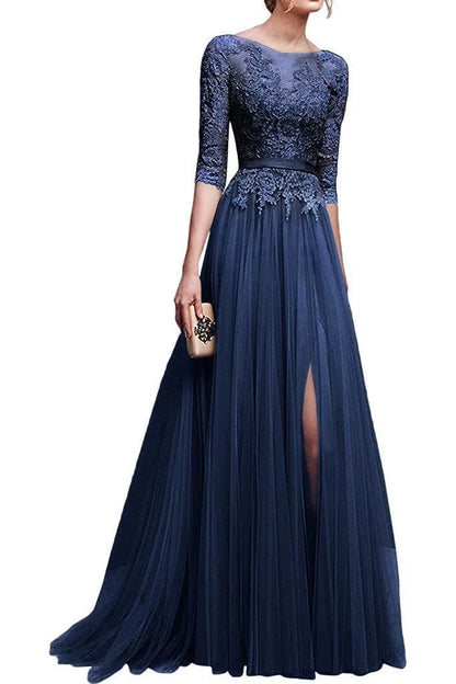 Scoop Neckline Zipper Up Tulle Long Floor-length Dresses Lace Applique Half Sleeve High Split Wedding Evening Party Prom Gowns