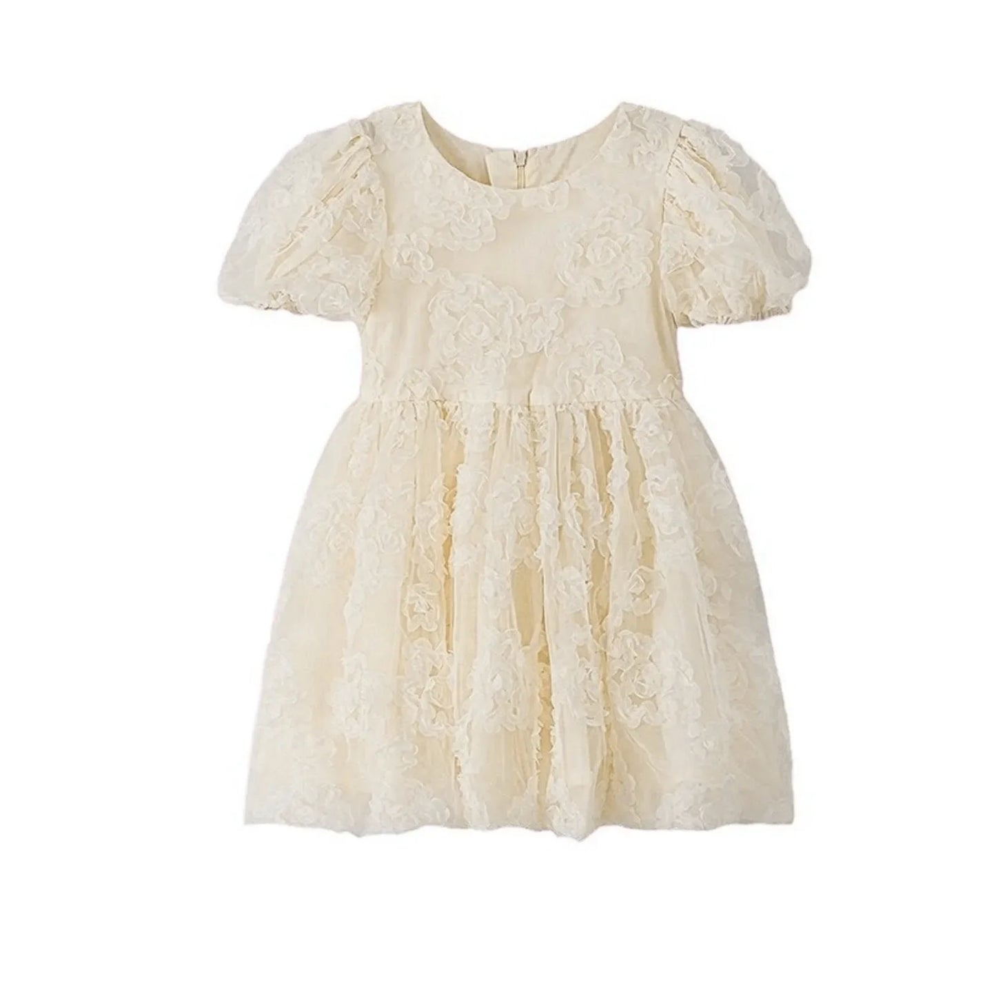 New Summer Teenager Girl Dress Solid Color Short Puff Sleeves Square Collar 3D Flower Sequined Baby Princess Dresses 2025