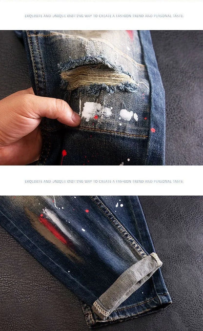 2024 Spring and Autumn New Fashion Trend Printed Straight Leg Stretch Jeans Men's Casual Loose Comfortable High Quality Pants