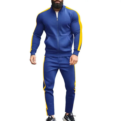 2025 Spring Autumn Men's 2-Piece Set Color Blocking Zipper Stand Collar Casual Sports Jacket Sweatshirt Trousers Suit