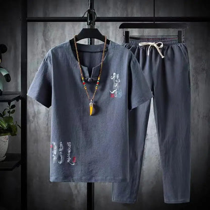 (Shirt + trousers)2025 summer Chinese Style men shirt Cotton and linen shirts men's High quality casual shirts Two Piece M-5XL