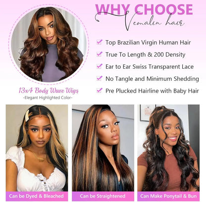 Highlight Ombre Lace Front Wig Human Hair Body Wave Pre Plucked 1B/30 Lace Front Human Hair Wig 200 Density 30 Inch For Women