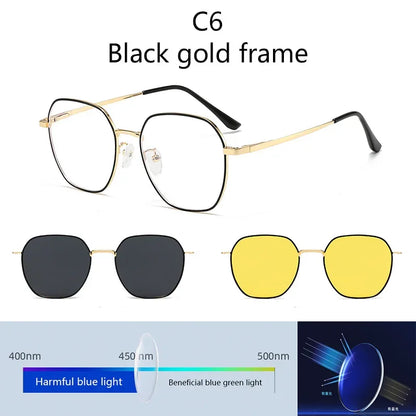 Sunglasses Men Women 3 In 1 Magnetic Clip On Glasses Hexagon Alloy Frame