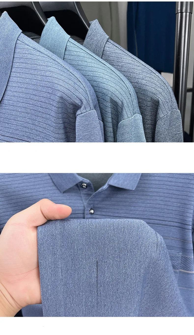 High quality striped printed long sleeve polo shirt men's fashion light luxury pocket autumn new business casual lapel T-shirt