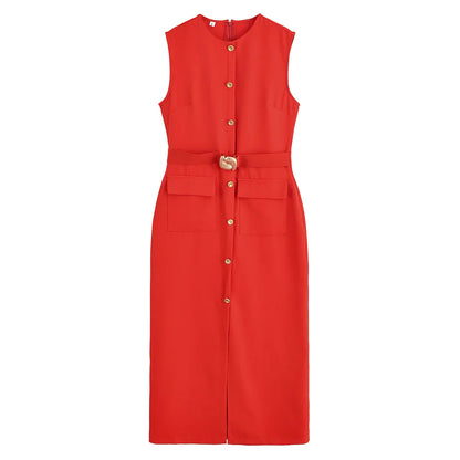 Womens Dresses Black Office Long Dresses for Women Spring Sleeveless Midi Dress Woman Belt Button Women's Dress Vest