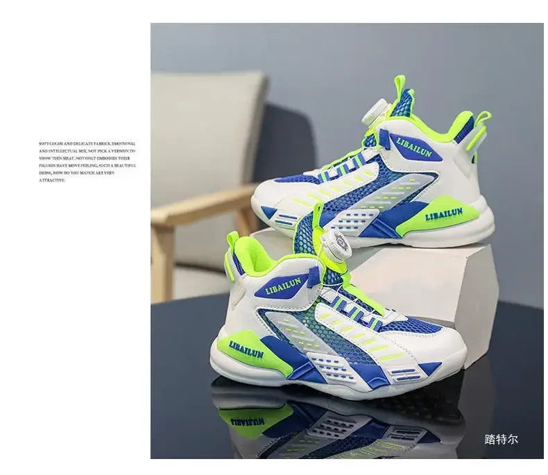 Kids Sneakers Basketball Shoes Boys Spring Fashion Rotating Button Anti-slip Shock Absorption School Students Sports Shoes