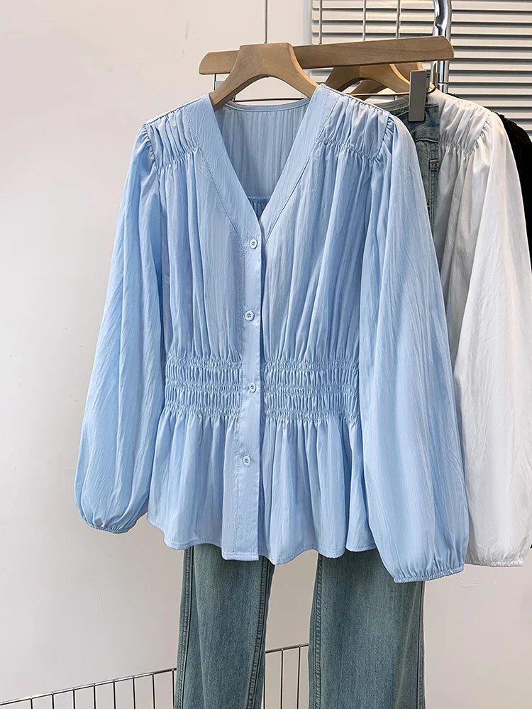 2026 V-neck Long Sleeved Plus Size Shirt Loose Pleated Ruffle Oversized Tops Ladies Chic Elegant Solid Versatile Blouse