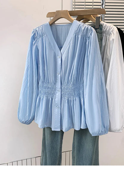 2026 V-neck Long Sleeved Plus Size Shirt Loose Pleated Ruffle Oversized Tops Ladies Chic Elegant Solid Versatile Blouse
