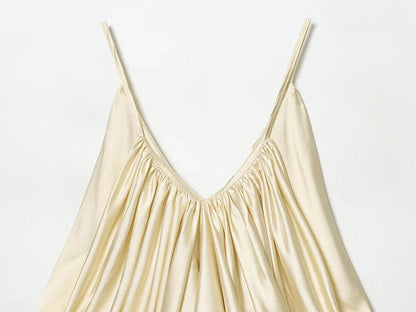 Women's Slip Tops Fashion Satin Pleated V-Neck Sleeveless Top Summer Sexy Female Chic Tops