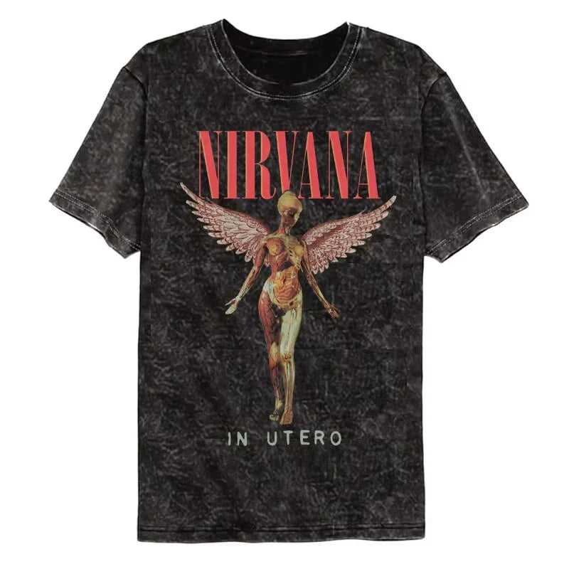 Nirvana rock band men's Retro cotton Washed Tee In Utero album man Women's oversized Y2K distress Tshirt Casual Loose streetwear