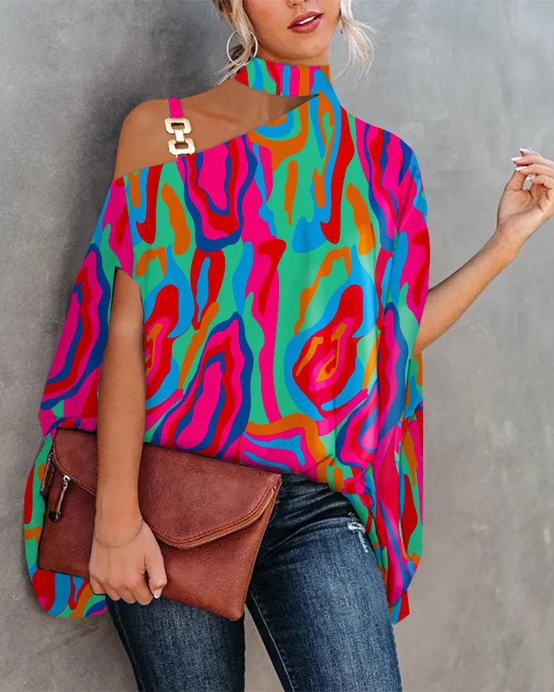 Loose Halter Neck Shawl Top Stylish Halter Neck Bat Sleeve Blouse for Women Loose Fit Pullover Tops with Skew Collar for Summer