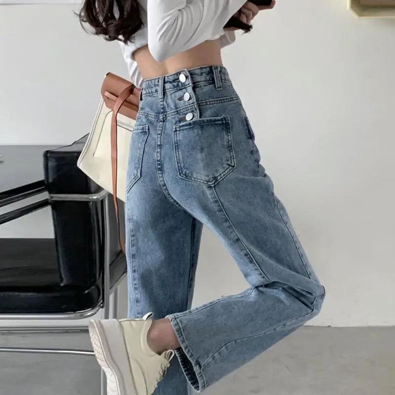 Vintage Autumn Spring Fashion Female Solid High Waist Jeans