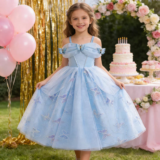 Fashion Embroidery Butterfly Princess Dress Girls Cinderella Cosplay Costumes Blue Gown for Carnival Birthday Evening Dress