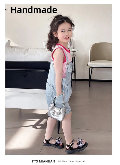 Kids'Sandals Kuromi PU Leather Bow Flat Spring Shoes For Girls Anti-slip Soft Thick Bottom White Black Shoes Size 25-36