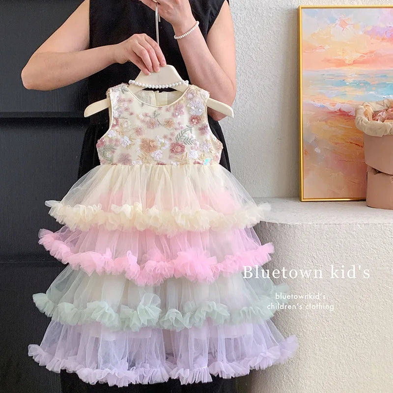 Vestido Regata para Meninas Verão 2025 Novo Vestido Elegante de Malha com Babados para Meninas Vestido Princesa Roupa Infantil de Fada