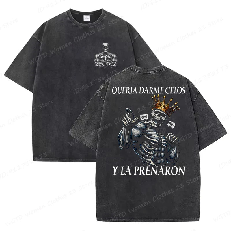 Calacas Chidas Gym Washed T-Shirts Men's Trendy Cool Skeleton & Gym Print Oversized Tshirt Summer Tees Streetwear Casual Tops