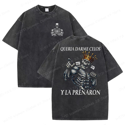 Calacas Chidas Gym Washed T-Shirts Men's Trendy Cool Skeleton & Gym Print Oversized Tshirt Summer Tees Streetwear Casual Tops